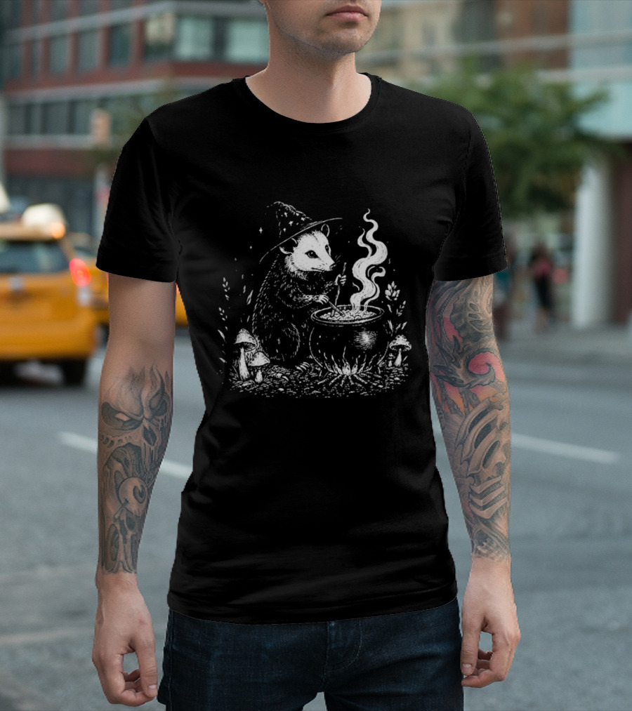 Witch Opossum Stirring Cauldron Surrounded By Mushrooms T-Shirt