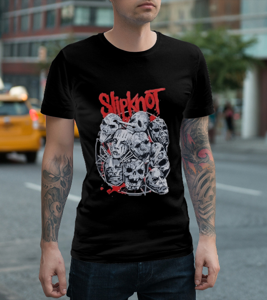 Slipknot Mask Collection With Band Name In Red T-Shirt