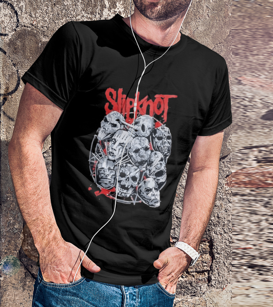 Slipknot Mask Collection With Band Name In Red T-Shirt