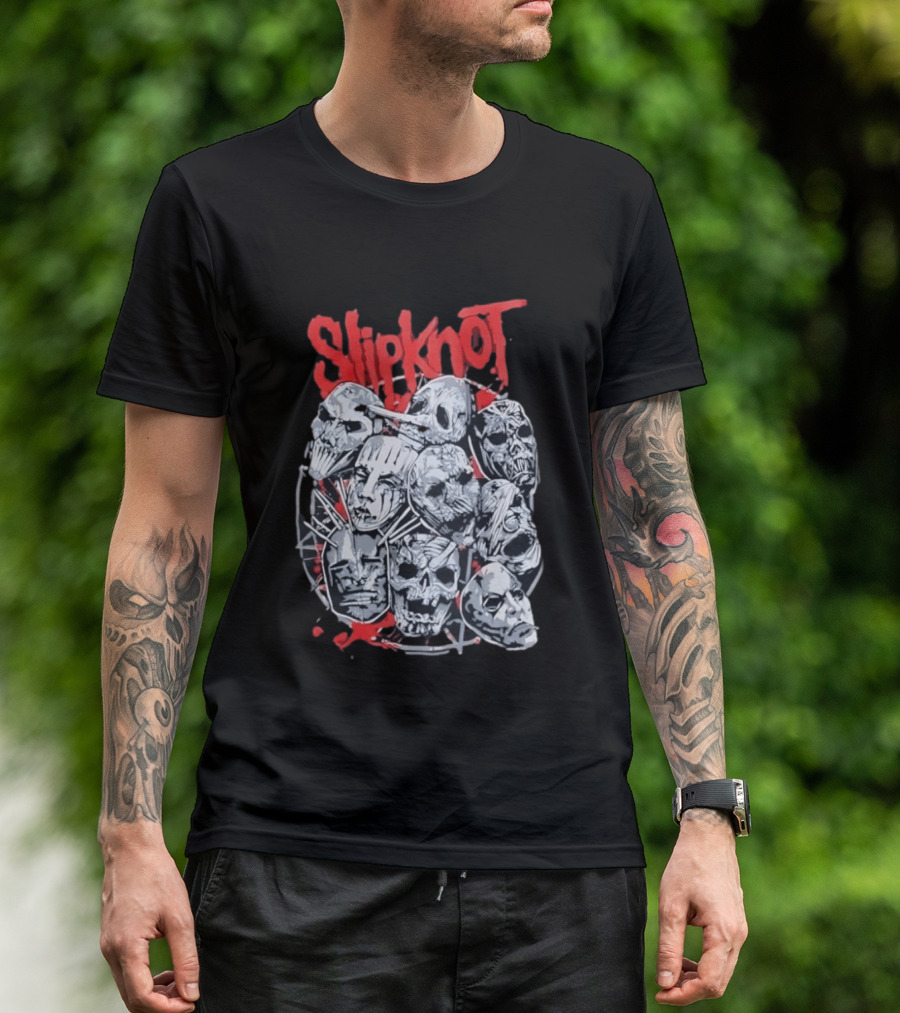 Slipknot Mask Collection With Band Name In Red T-Shirt