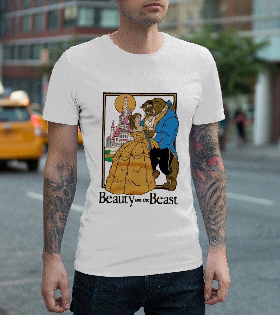 Beauty And The Beast Belle And Beast Dancing In Front Of Castle T-Shirt