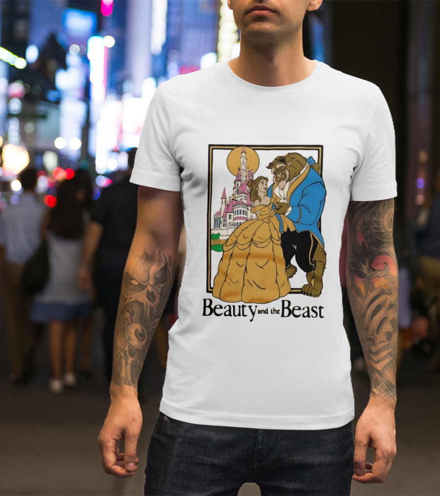 Beauty And The Beast Belle And Beast Dancing In Front Of Castle T-Shirt