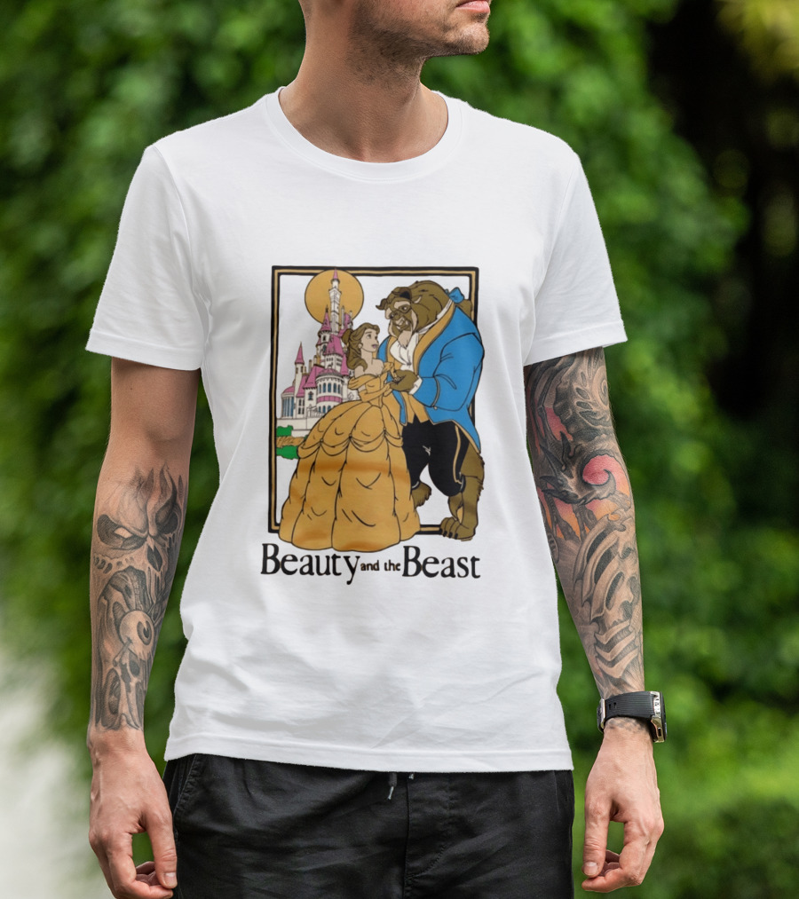Beauty And The Beast Belle And Beast Dancing In Front Of Castle T-Shirt