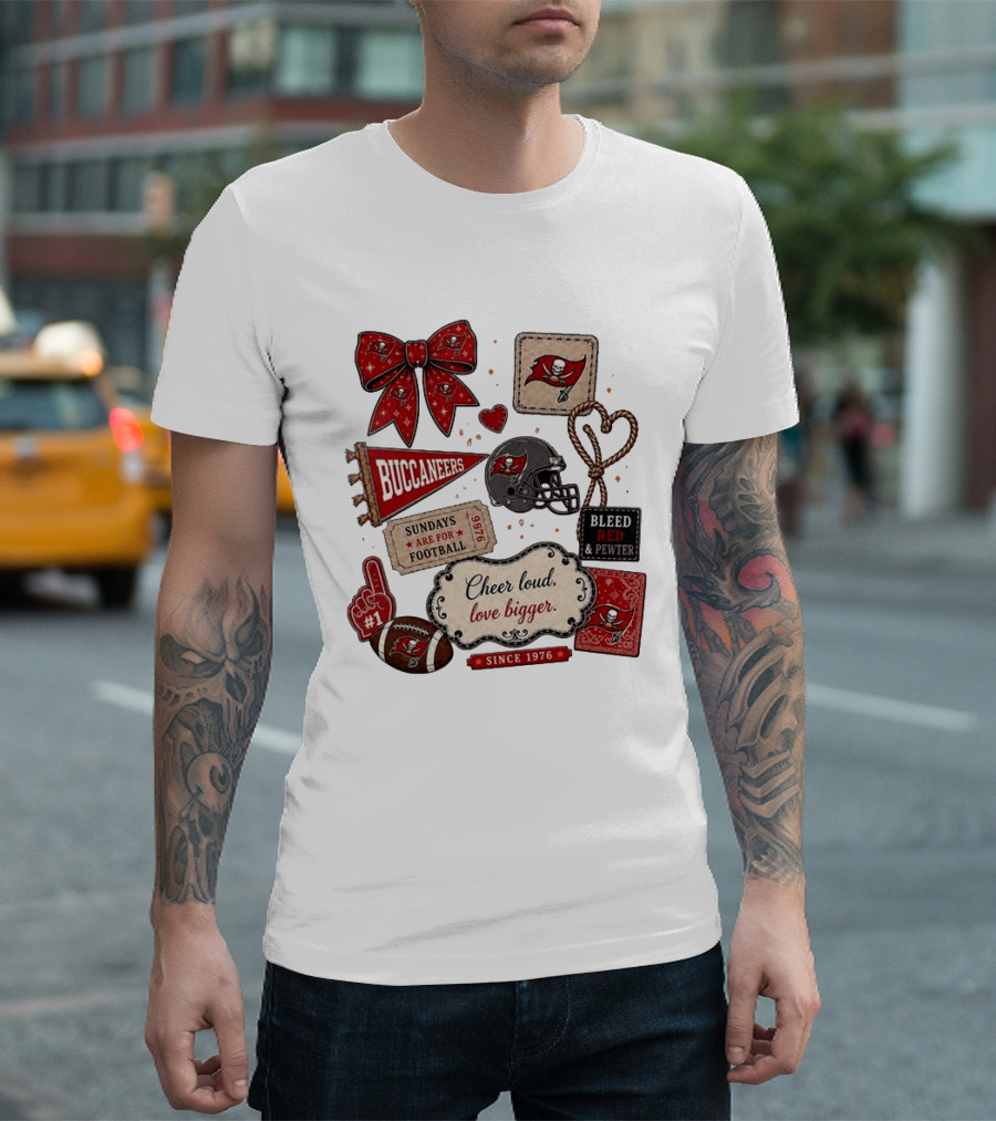 Tampa Bay Buccaneers Mom Red Floral Bow Cheer Loud Love Bigger Football Patch Collage T-Shirt