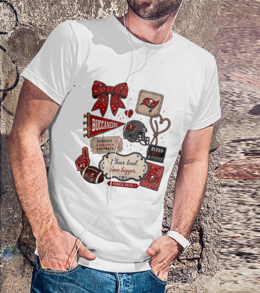 Tampa Bay Buccaneers Mom Red Floral Bow Cheer Loud Love Bigger Football Patch Collage T-Shirt