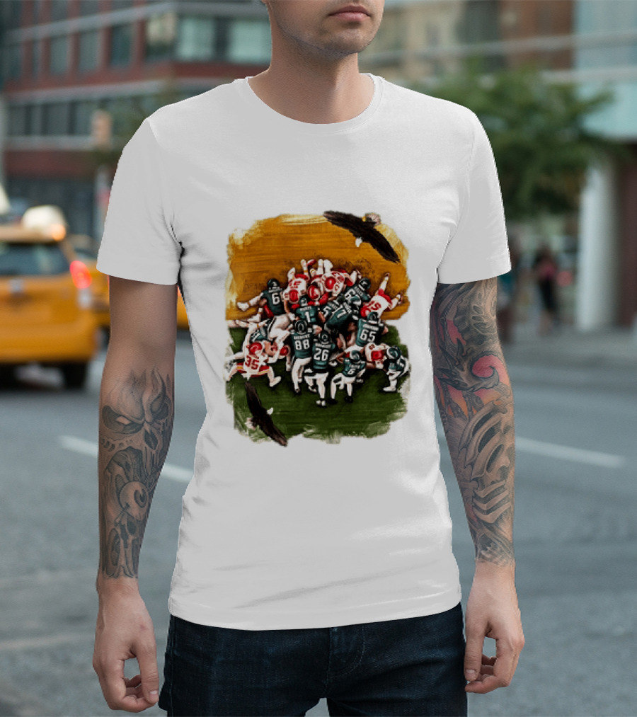 Philadelphia Eagles Tush Push Jalen Hurts Saquon Barkley Jason Kelce Action Play T-Shirt