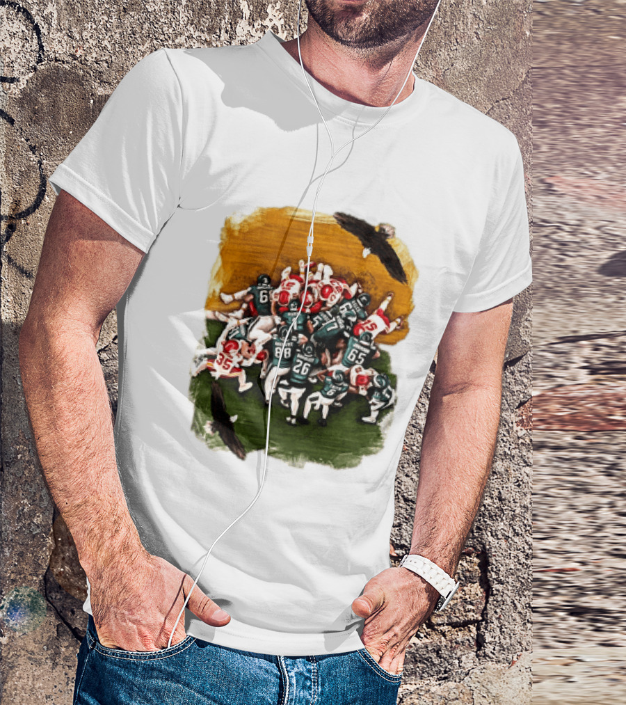 Philadelphia Eagles Tush Push Jalen Hurts Saquon Barkley Jason Kelce Action Play T-Shirt