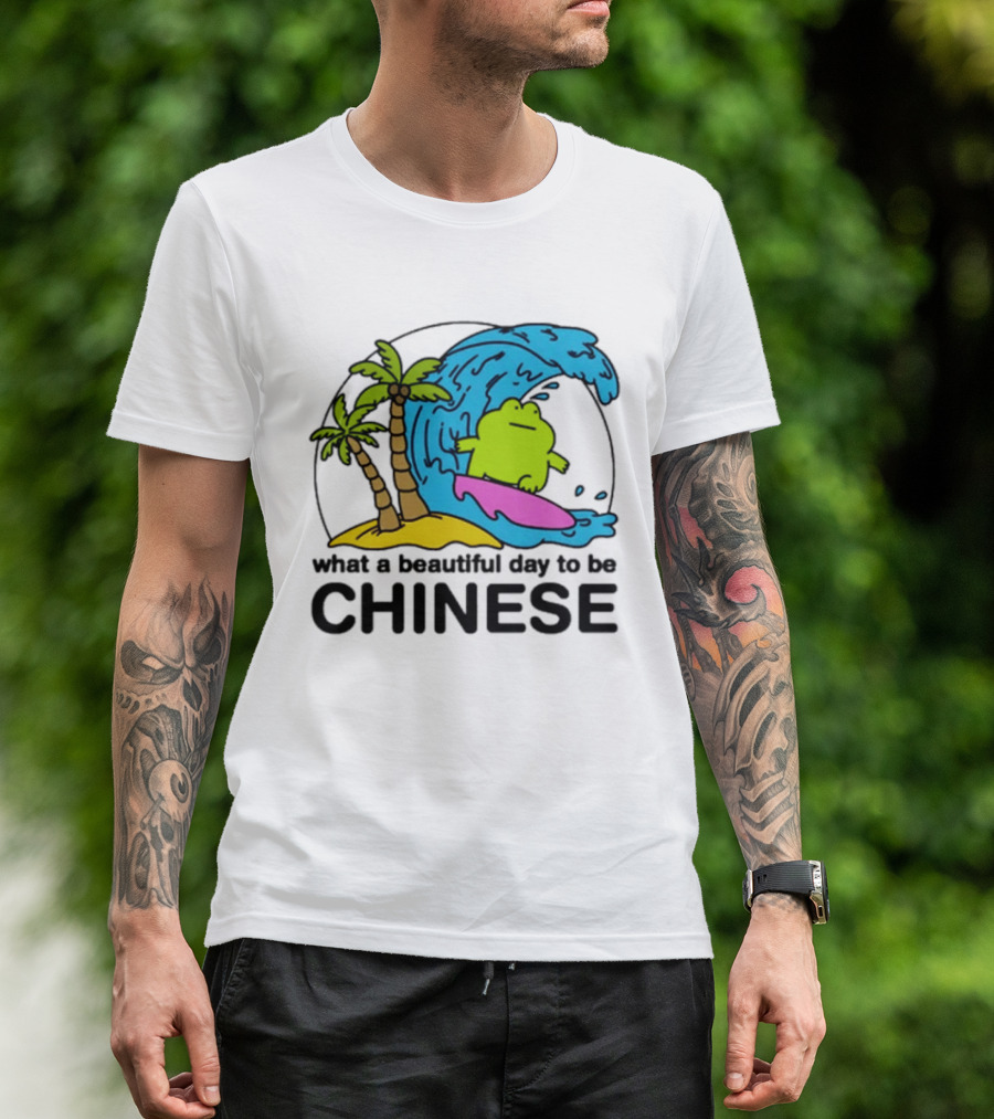 What A Beautiful Day To Be Chinese Surfing Frog With Palm Trees And Waves T-Shirt