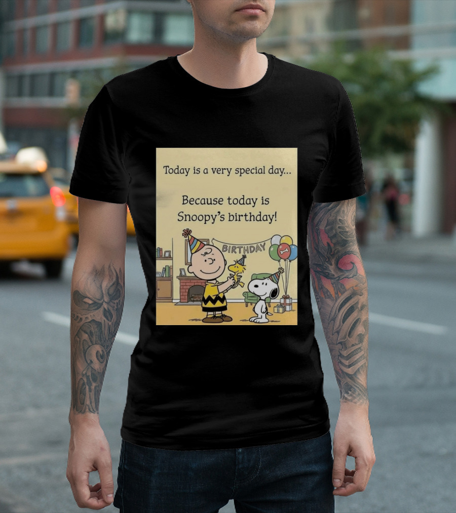 Celebrate Snoopy's Birthday With Charlie Brown And Woodstock In Party Hats And Balloons T-Shirt