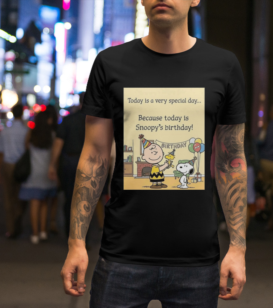 Celebrate Snoopy's Birthday With Charlie Brown And Woodstock In Party Hats And Balloons T-Shirt