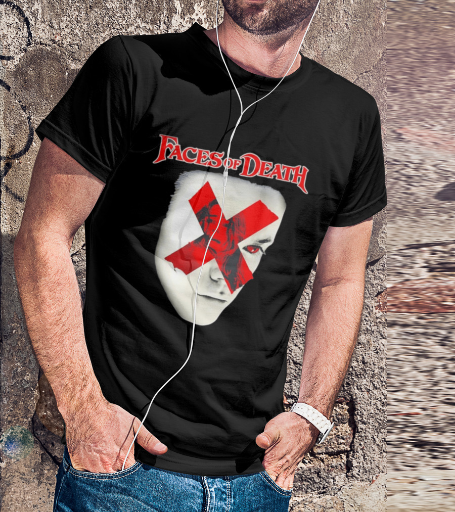 Faces Of Death Horror Movie Red X Iconic Scream Mask T-Shirt