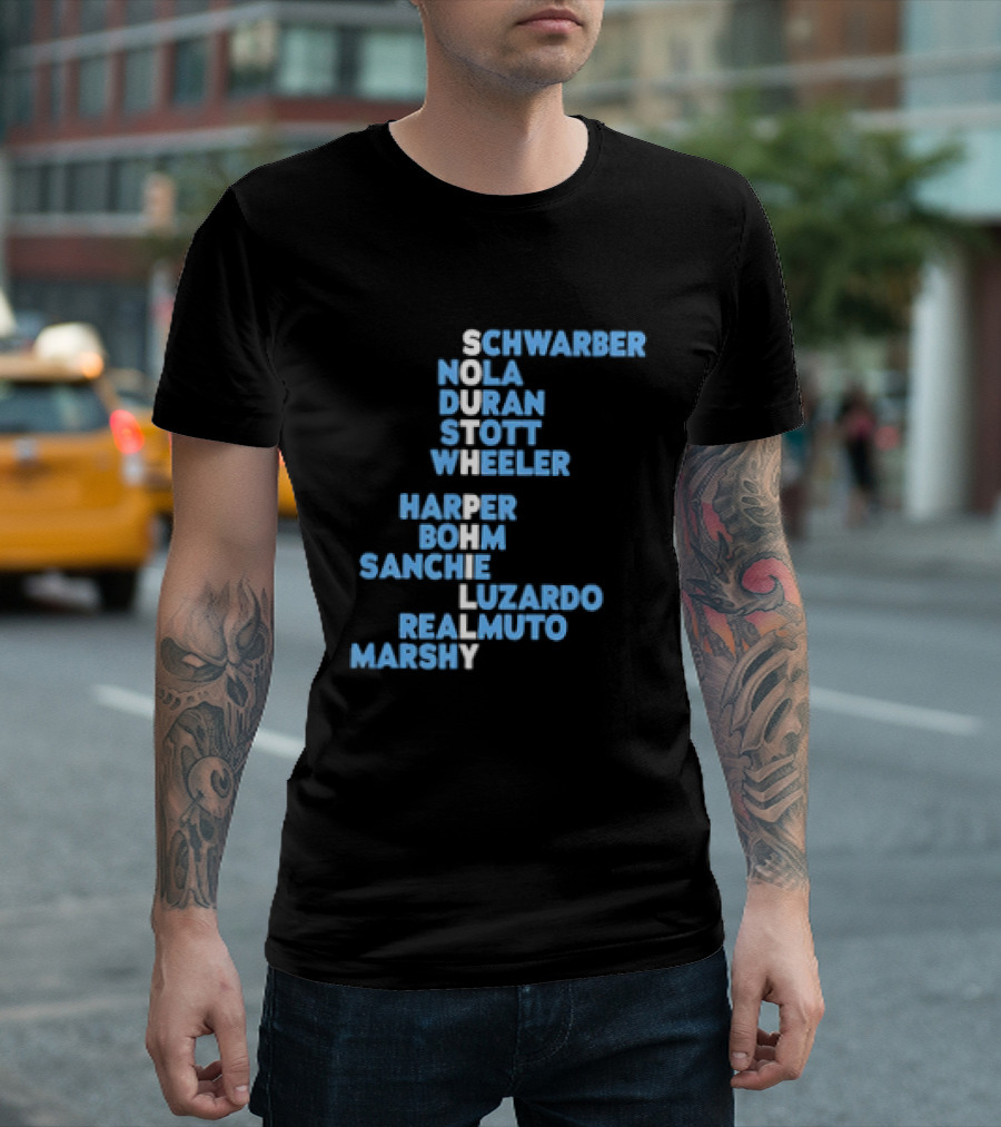 Philadelphia Phillies South Philly Baseball Player Names 2026 Schwaber Nola Duran Stott Wheeler Harper Bohm Sanchez Luzardo Realmuto Marsh T-Shirt