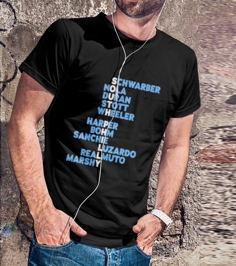 Philadelphia Phillies South Philly Baseball Player Names 2026 Schwaber Nola Duran Stott Wheeler Harper Bohm Sanchez Luzardo Realmuto Marsh T-Shirt