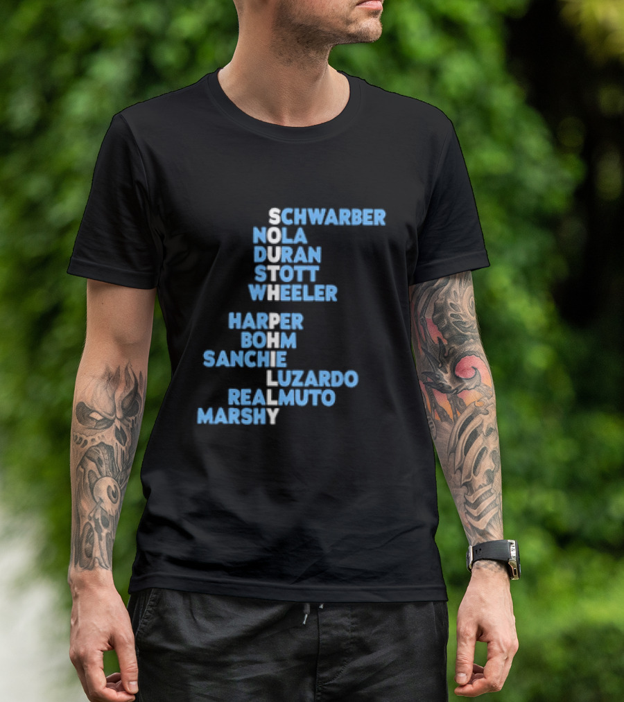 Philadelphia Phillies South Philly Baseball Player Names 2026 Schwaber Nola Duran Stott Wheeler Harper Bohm Sanchez Luzardo Realmuto Marsh T-Shirt