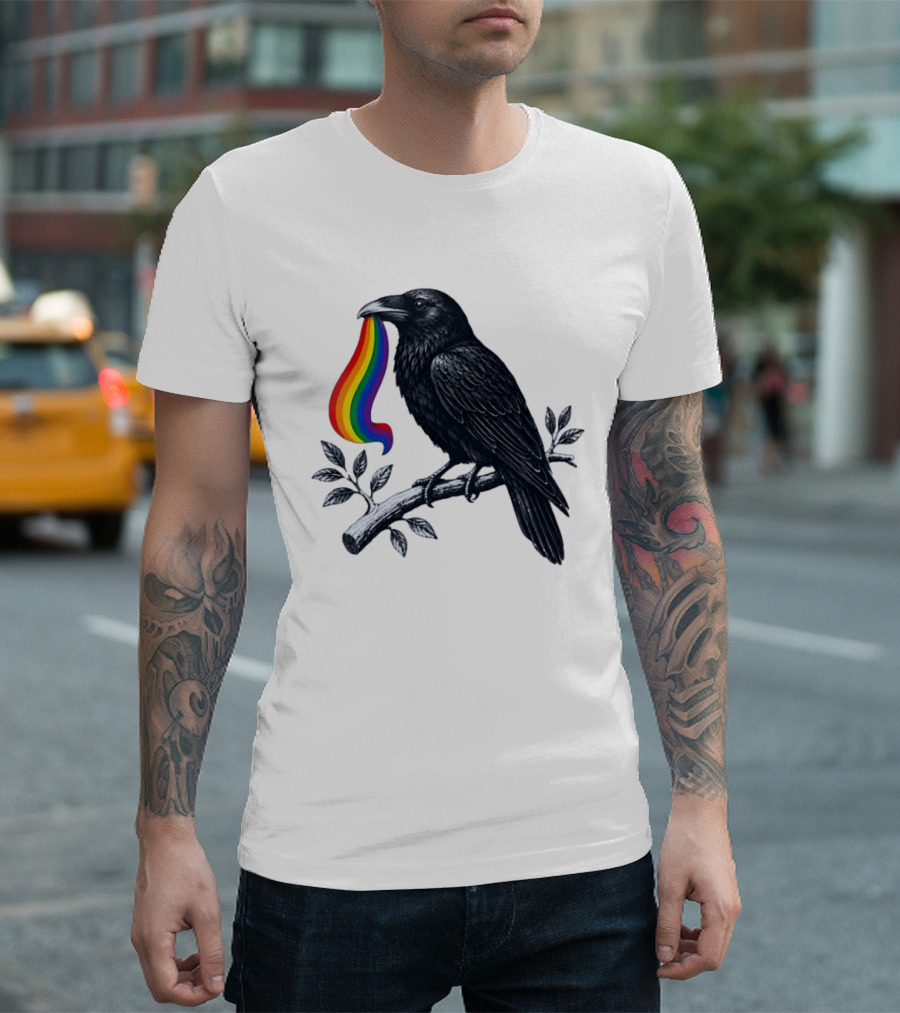 Rainbow Raven Pride Bird Holding Colorful Ribbon On Branch T-Shirt