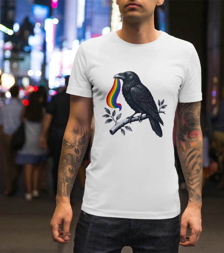Rainbow Raven Pride Bird Holding Colorful Ribbon On Branch T-Shirt