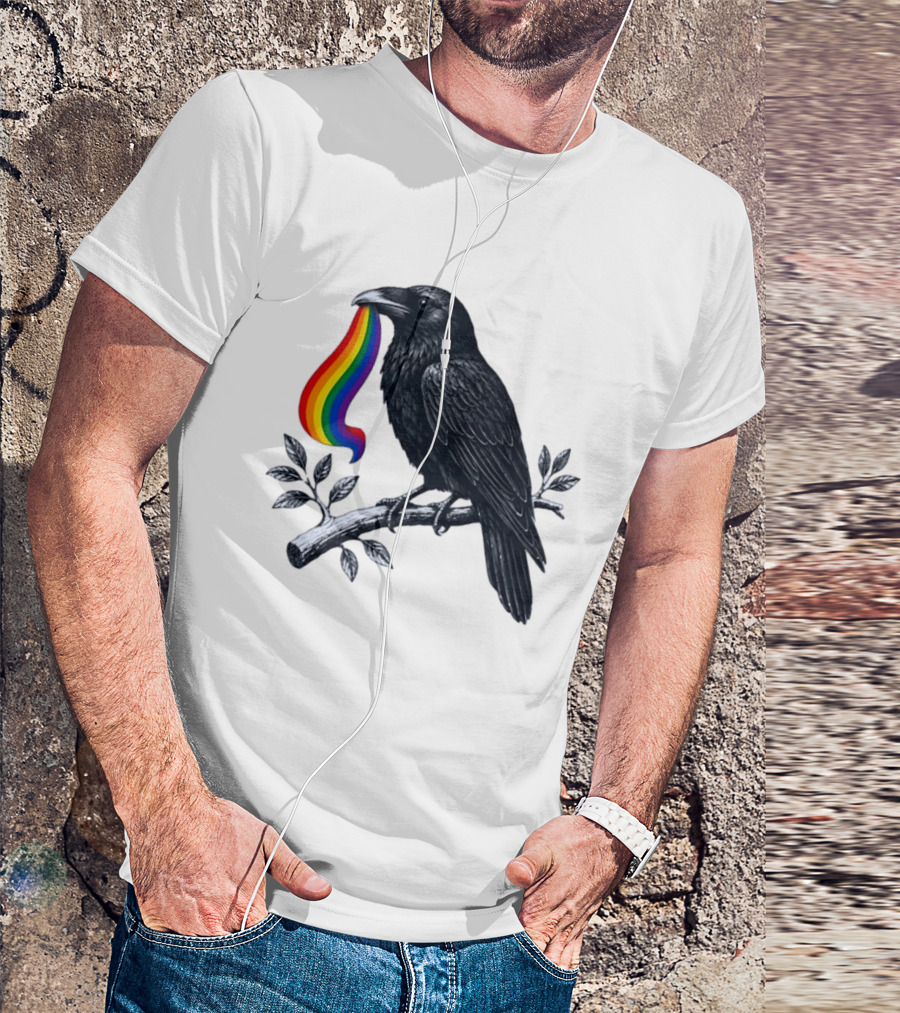 Rainbow Raven Pride Bird Holding Colorful Ribbon On Branch T-Shirt