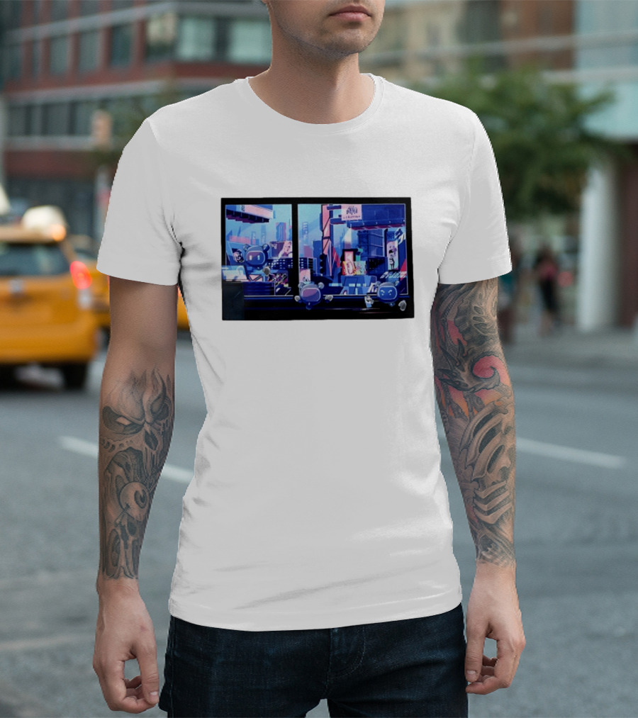 Lit Bot Apts Robots Futuristic City Skyline Pixel T-Shirt