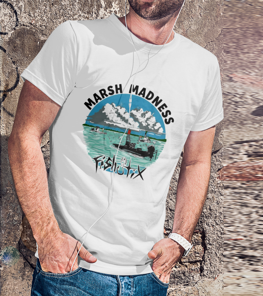 Marsh Madness Fishstix Boat Fishing Scene T-Shirt