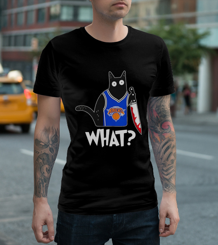 New York Knicks Cat Holding Knife Halloween WHAT T-Shirt