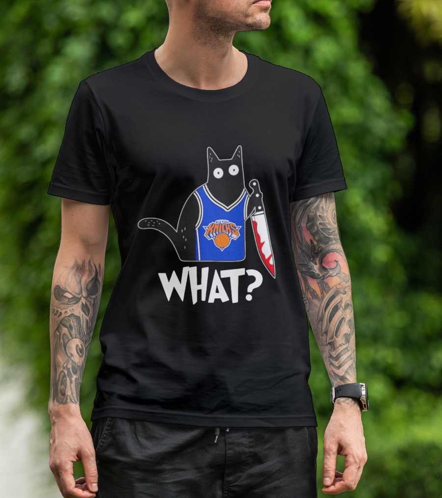 New York Knicks Cat Holding Knife Halloween WHAT T-Shirt