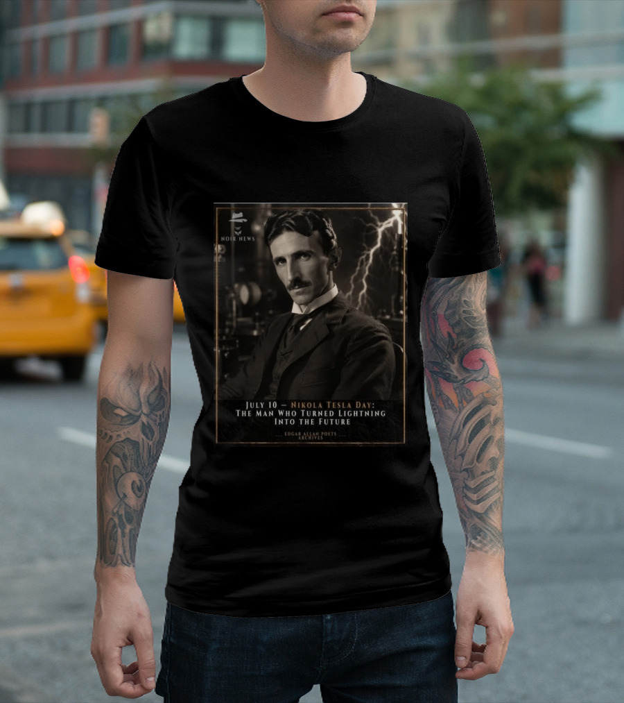 July 10 Nikola Tesla Day The Man Who Turned Lightning Into The Future Noir News Edgar Allan Poets Archives T-Shirt
