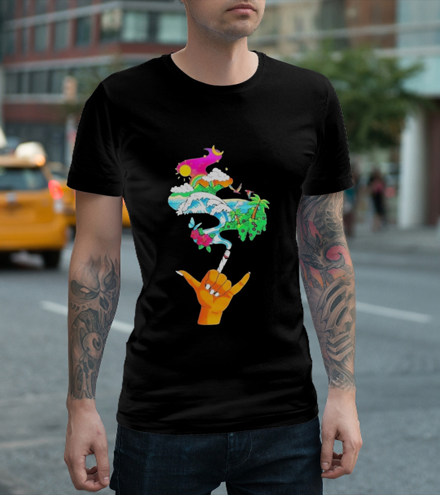 Shaka Hand Gesture With Tropical Island Wave And Colorful Clouds T-Shirt