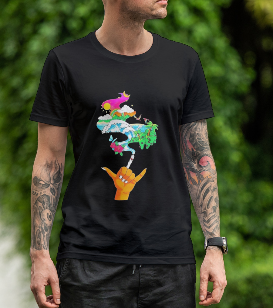 Shaka Hand Gesture With Tropical Island Wave And Colorful Clouds T-Shirt