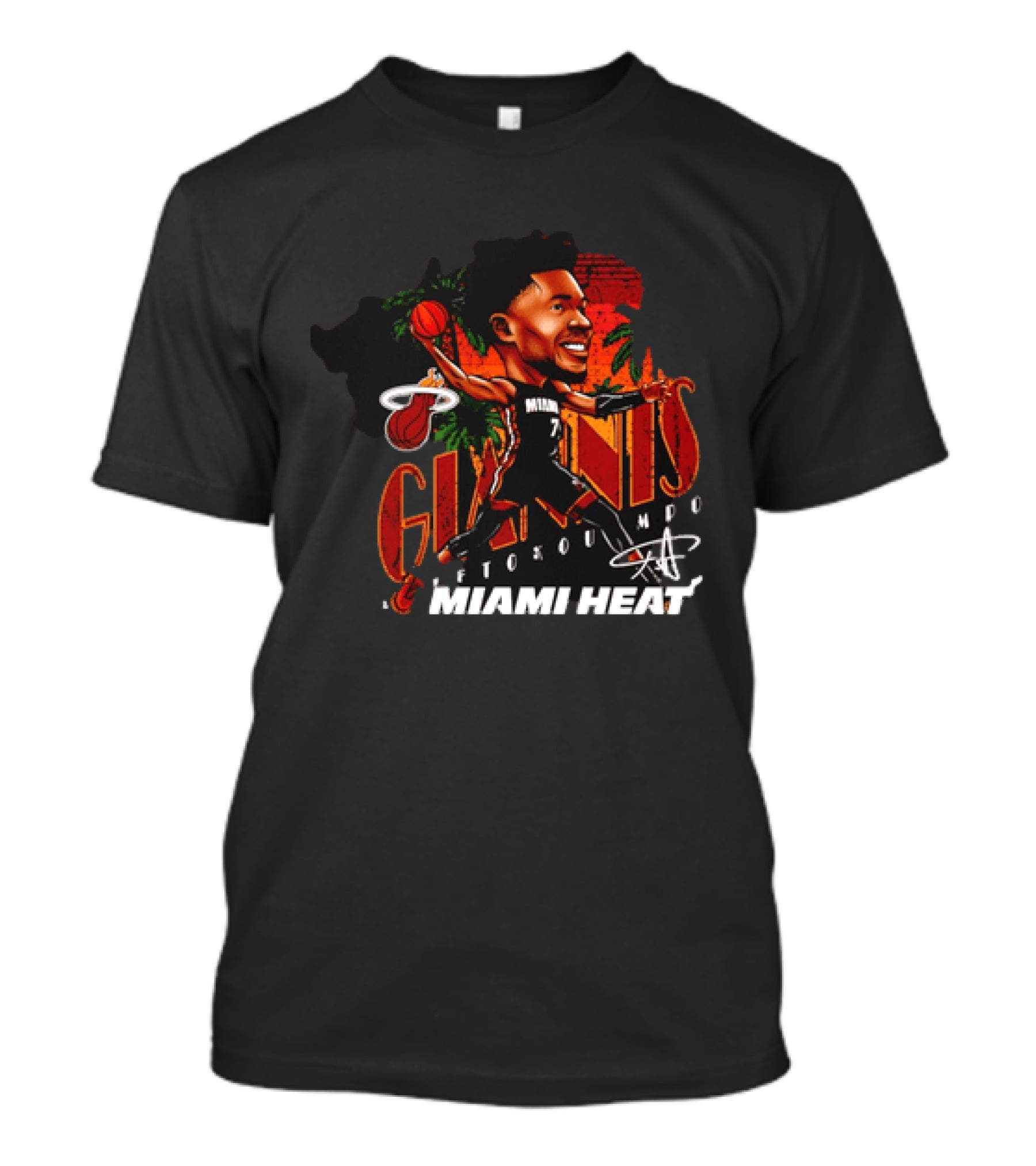 Giannis Antetokounmpo Miami Heat Cartoon Basketball Graphic Palm Trees T-Shirt