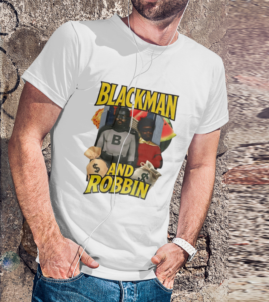 Blackman And Robbin Superhero Satire Comedy Money Bags Cityscape T-Shirt