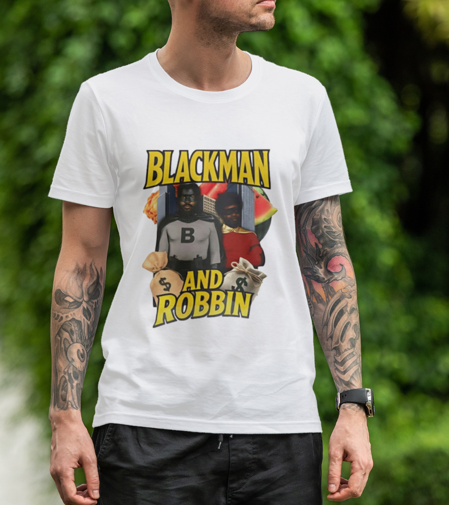 Blackman And Robbin Superhero Satire Comedy Money Bags Cityscape T-Shirt