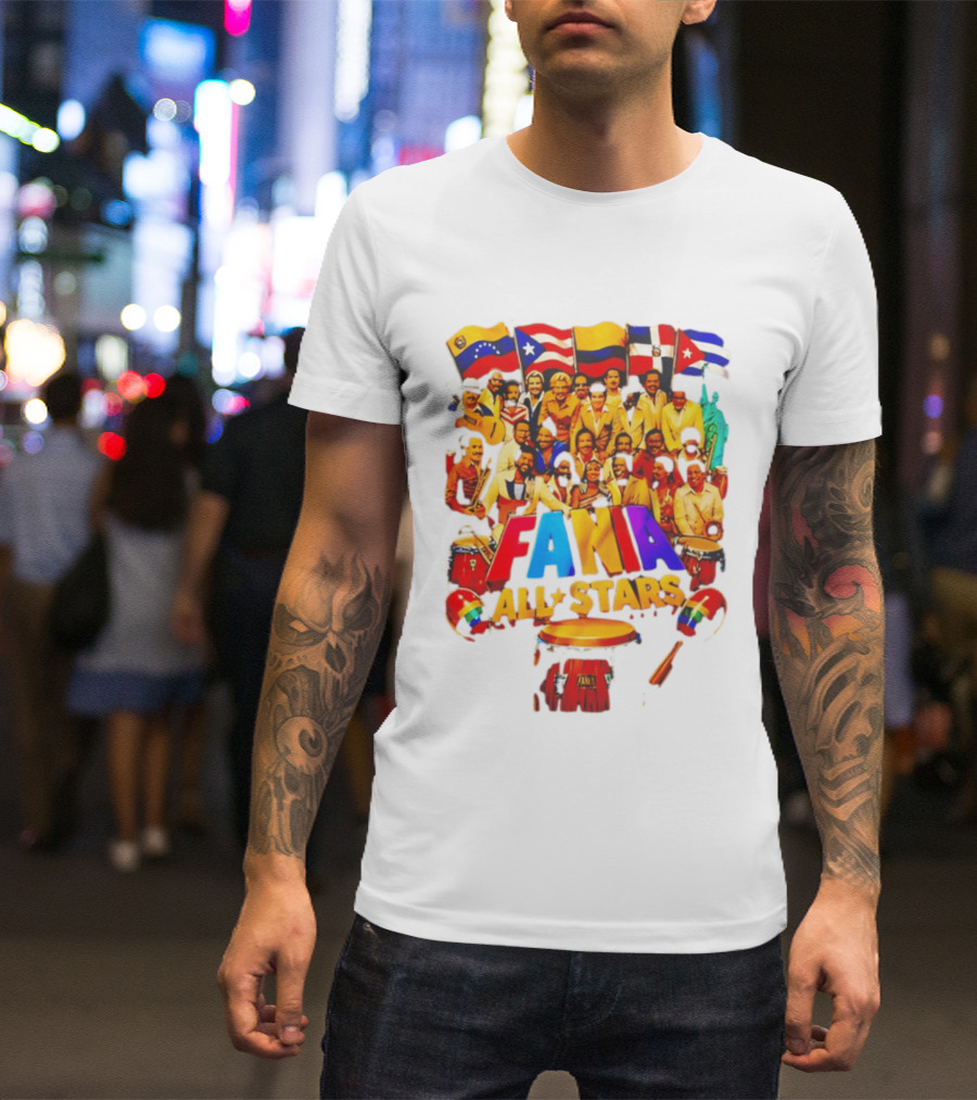 Fania All Stars Band With Colorful Flags And Musical Instruments T-Shirt