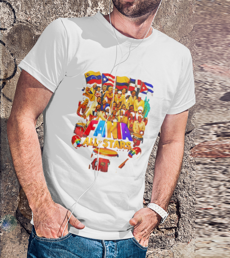 Fania All Stars Band With Colorful Flags And Musical Instruments T-Shirt