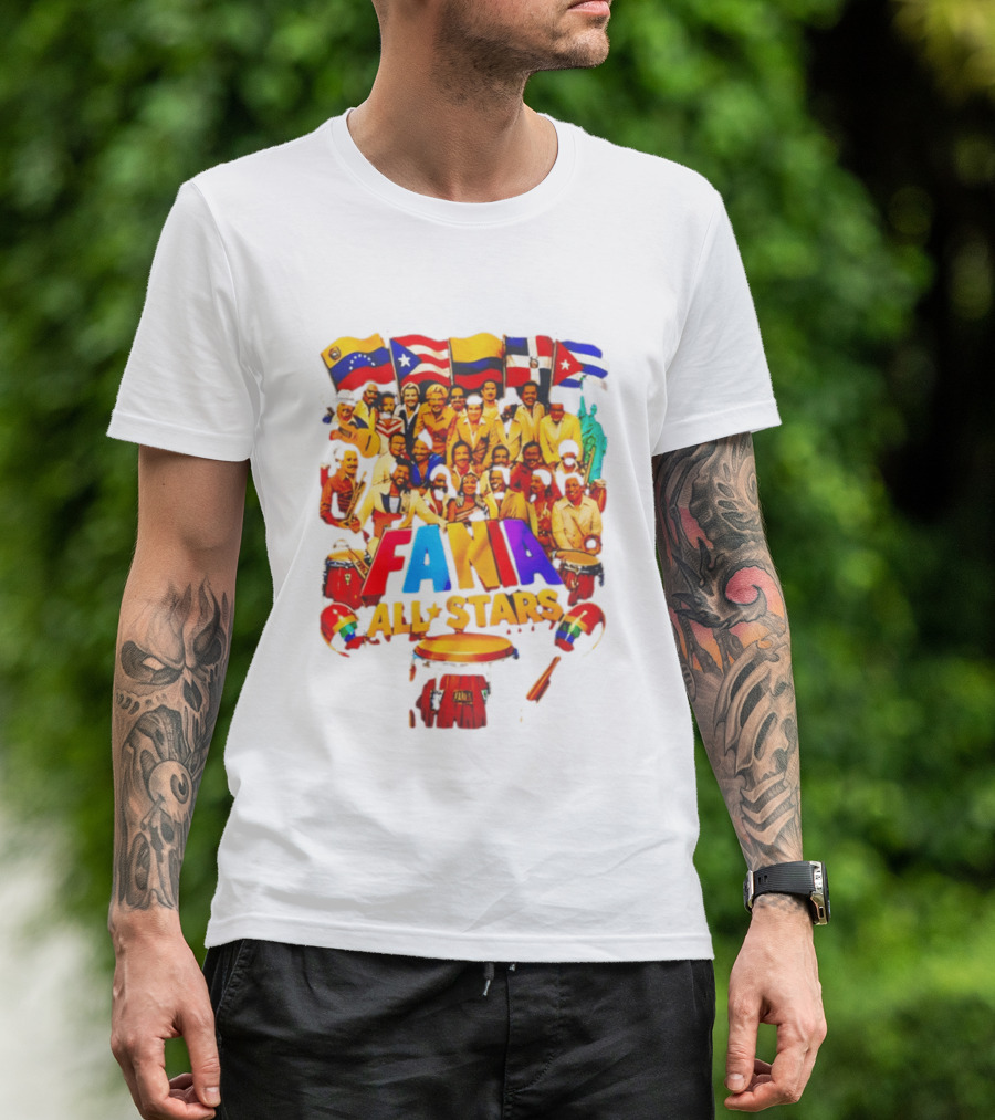 Fania All Stars Band With Colorful Flags And Musical Instruments T-Shirt
