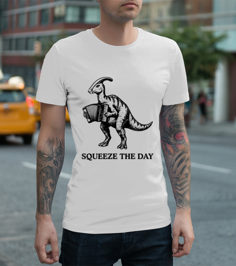 Parasaurolophus Squeeze The Day Playing Accordion T-Shirt
