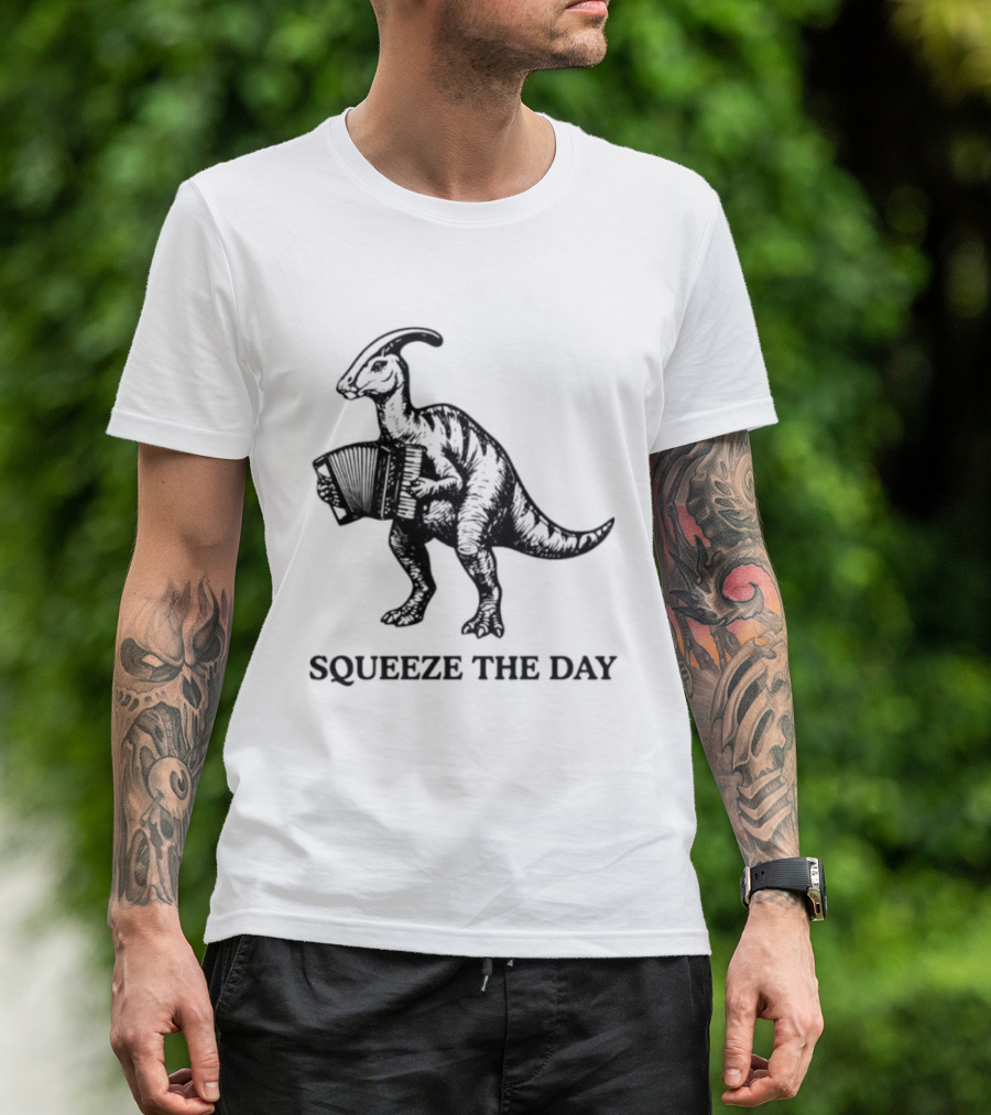 Parasaurolophus Squeeze The Day Playing Accordion T-Shirt