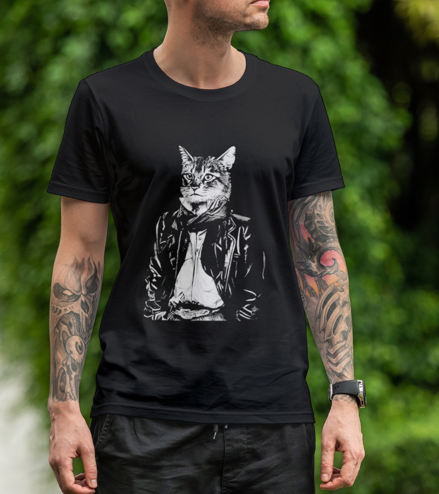 Cat They Only Come Out At Night Cool Cat In Leather Jacket T-Shirt