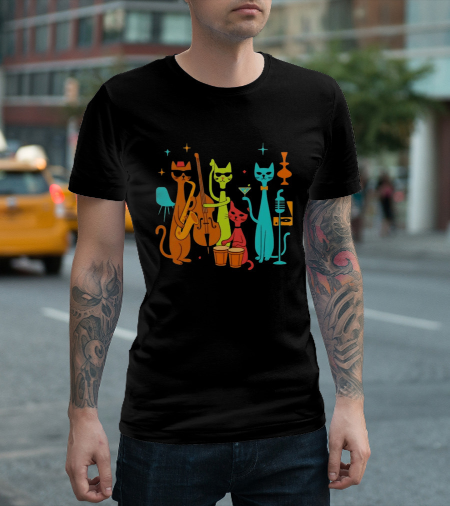 Jazz Cat Quartet Playing Instruments Bass Bongo Trumpet Martini T-Shirt