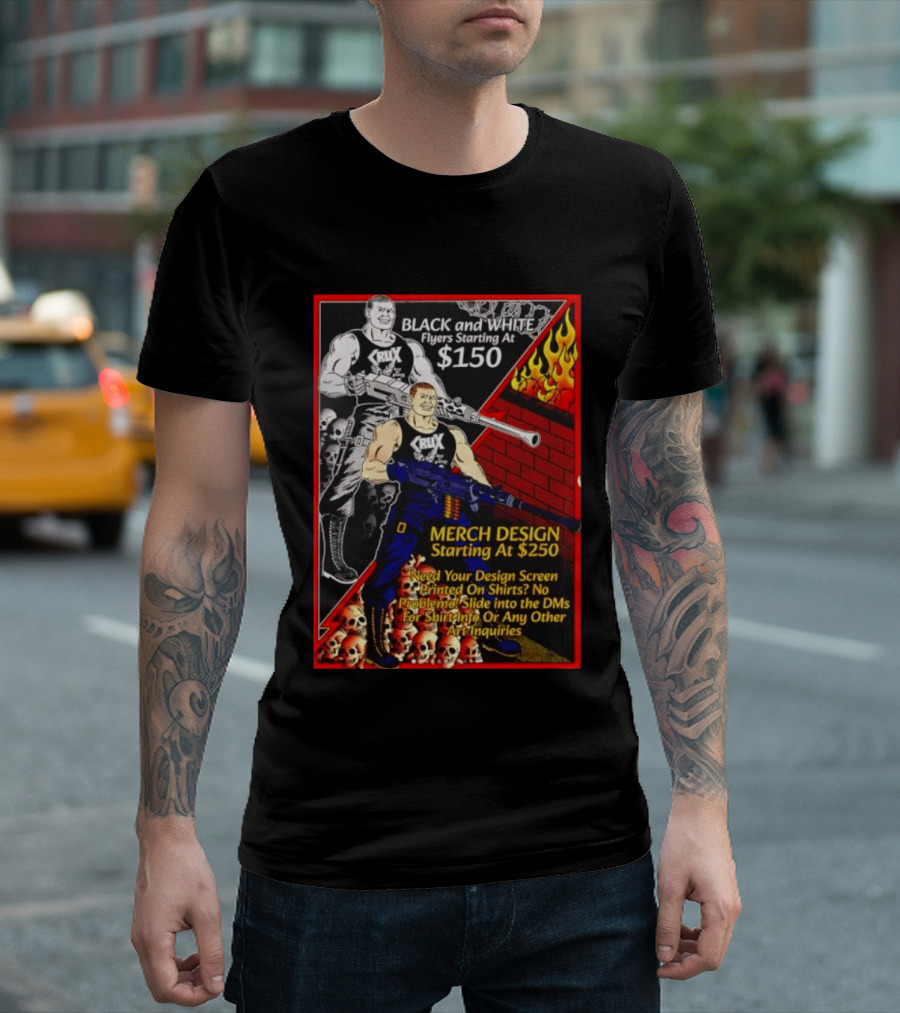 Crux Black And White Flyers And Merch Services Skulls And Flames Promo T-Shirt