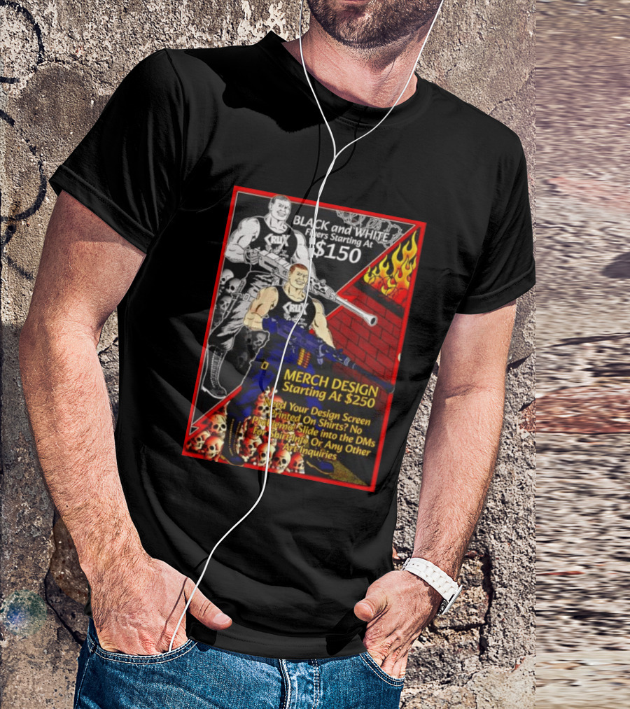 Crux Black And White Flyers And Merch Services Skulls And Flames Promo T-Shirt