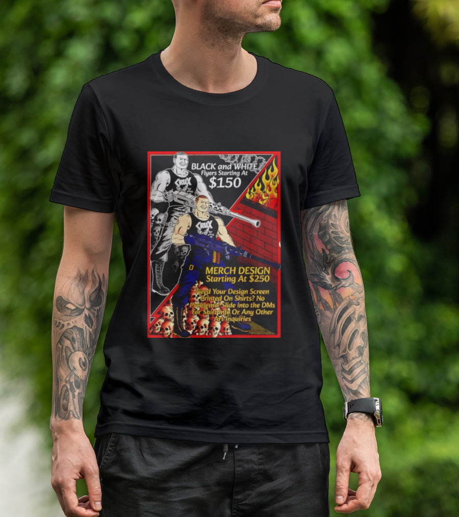 Crux Black And White Flyers And Merch Services Skulls And Flames Promo T-Shirt