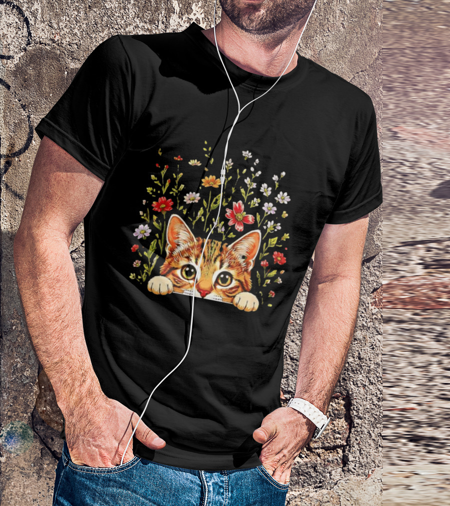 Tabby Kitten Head Through Wildflowers Florals T-Shirt
