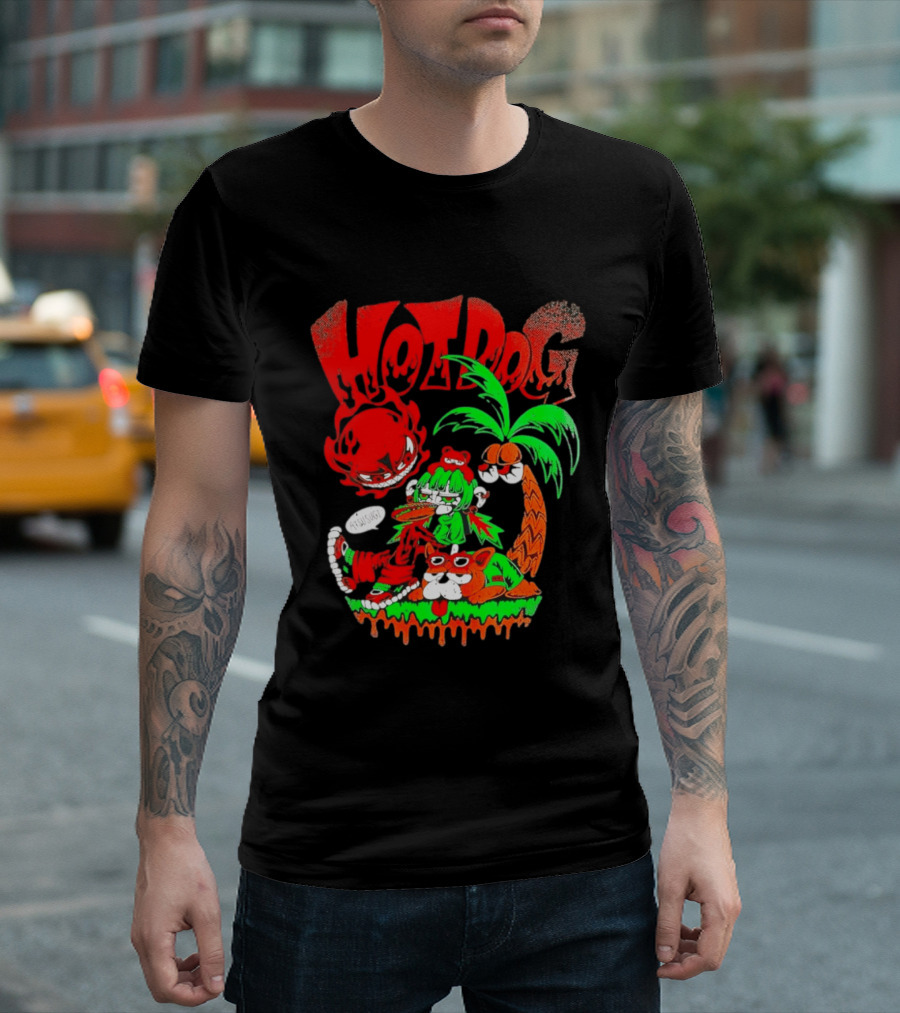 Hotdog Atsusugi Girl With Bear Hat And Dog Under Palm Tree T-Shirt