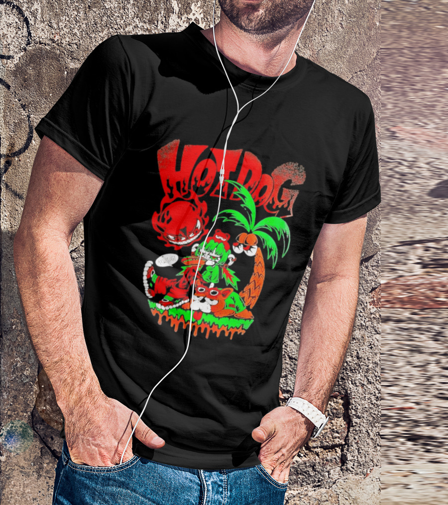 Hotdog Atsusugi Girl With Bear Hat And Dog Under Palm Tree T-Shirt