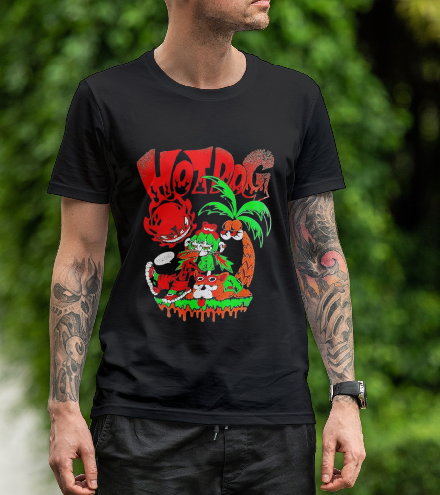 Hotdog Atsusugi Girl With Bear Hat And Dog Under Palm Tree T-Shirt