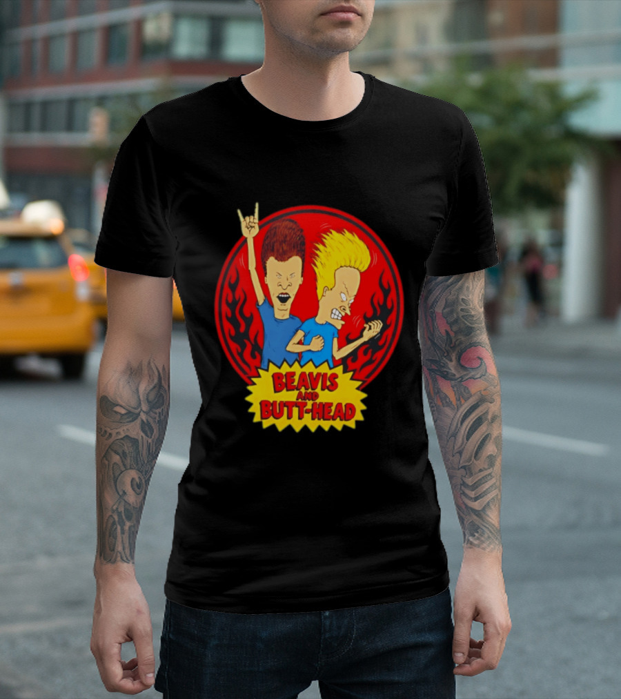 Beavis And Butt Head Rocking Out Flames Circle T-Shirt