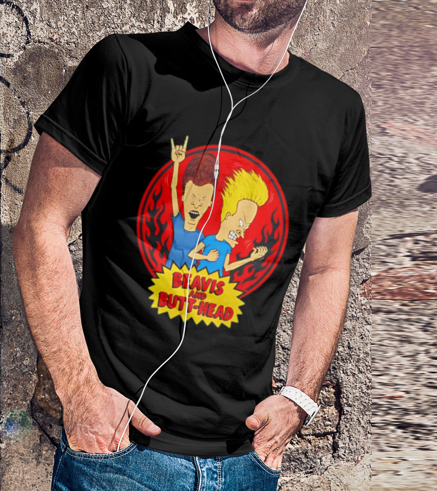Beavis And Butt Head Rocking Out Flames Circle T-Shirt