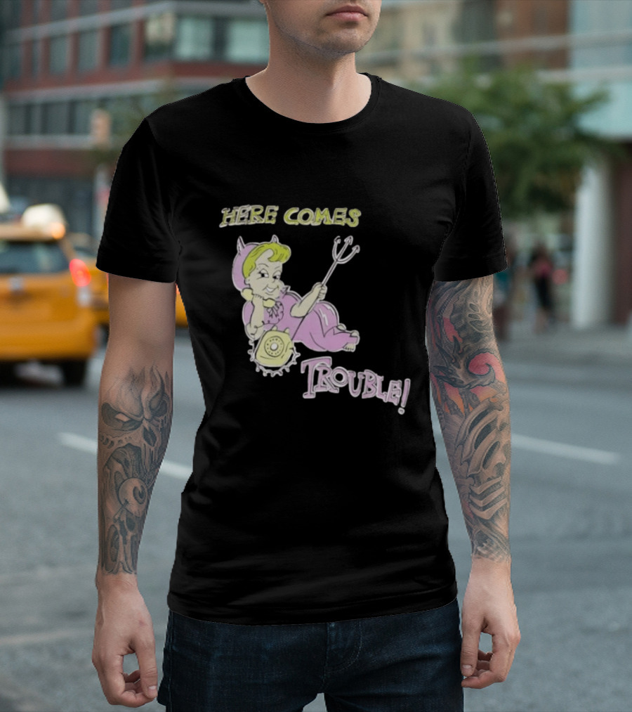Here Comes Trouble Devil Baby With Pitchfork And Telephone T-Shirt