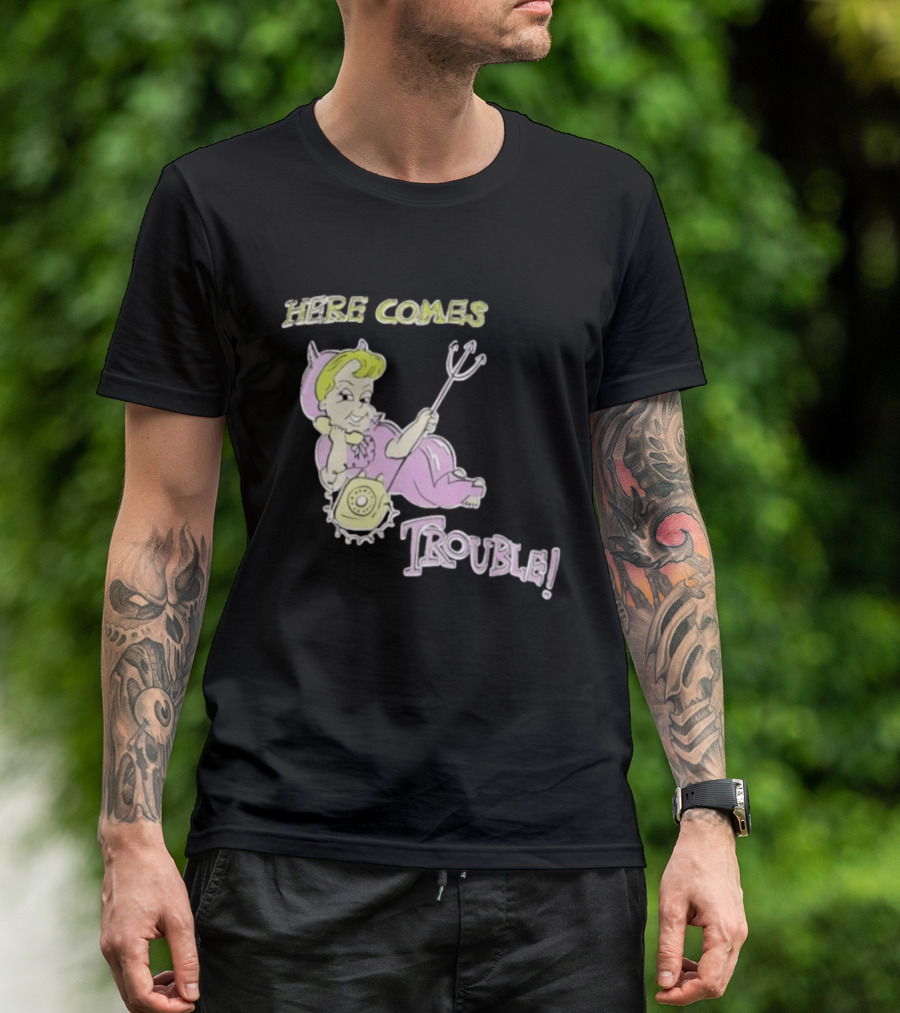 Here Comes Trouble Devil Baby With Pitchfork And Telephone T-Shirt