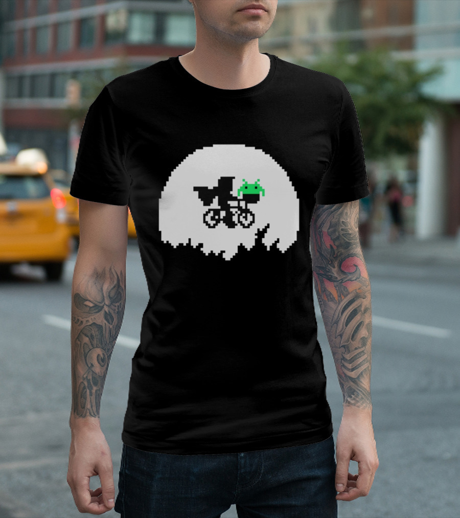 Elliott And Extra Terrestrial On Bicycle With Space Invader Pixel T-Shirt